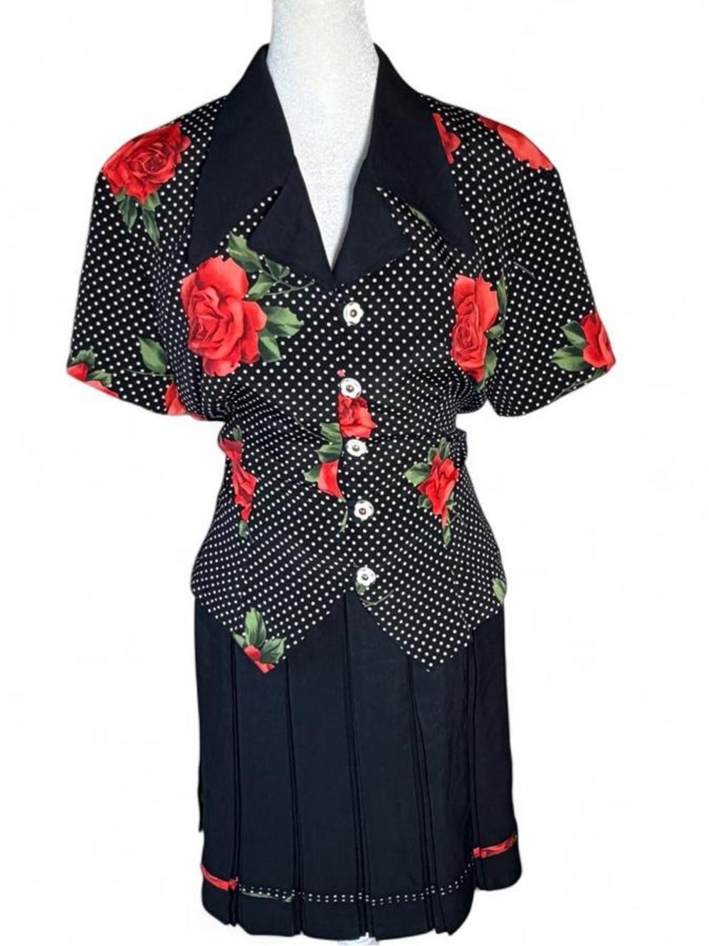🌹Vintage Cressong 2-Piece Skirt Set - Polka Dot & Red Rose Print- large